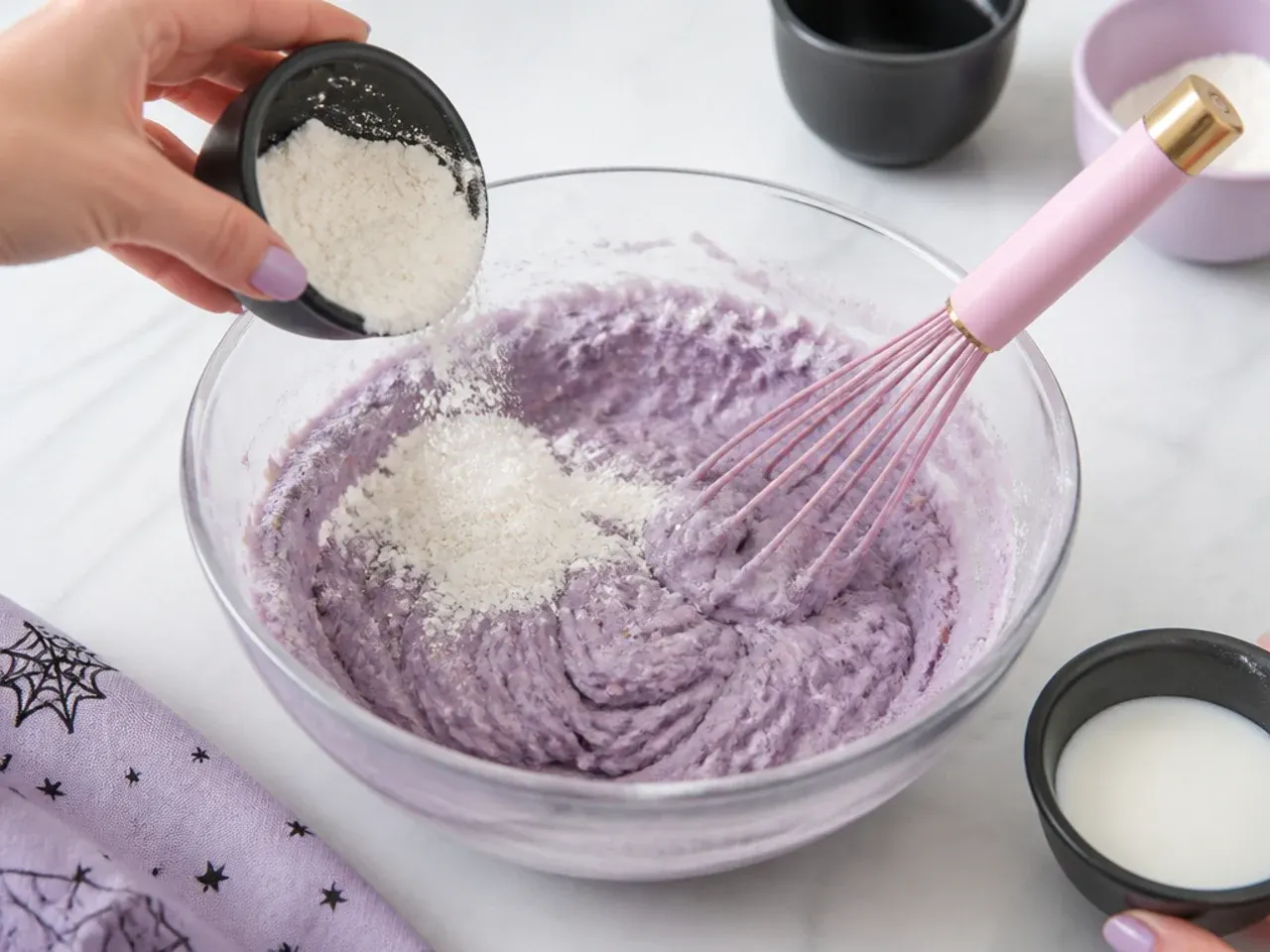 kuromi smash cake — step 5: alternate flour and milk