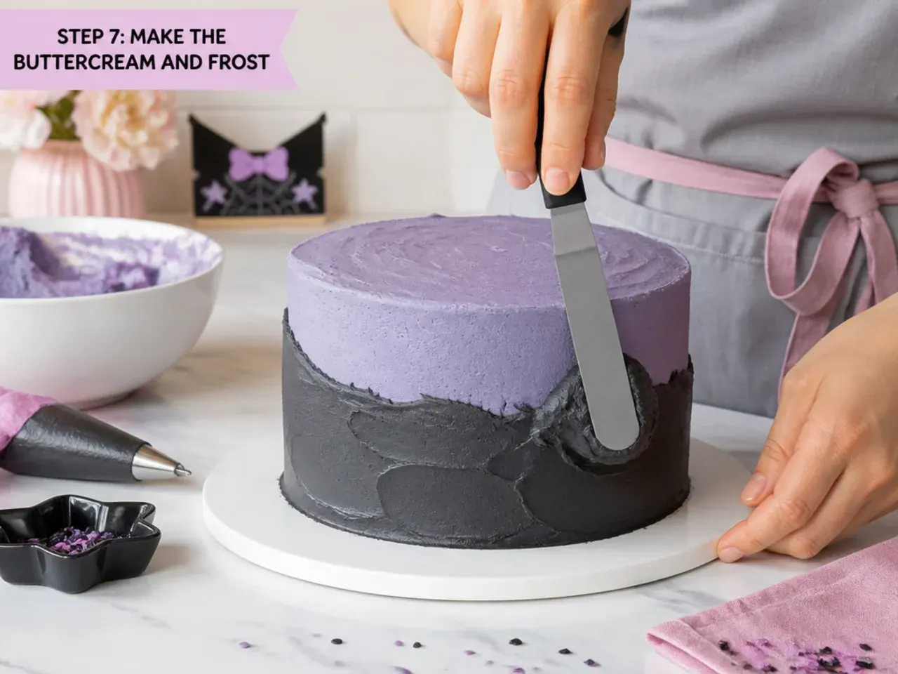 kuromi smash cake — step 7: make the buttercream and frost