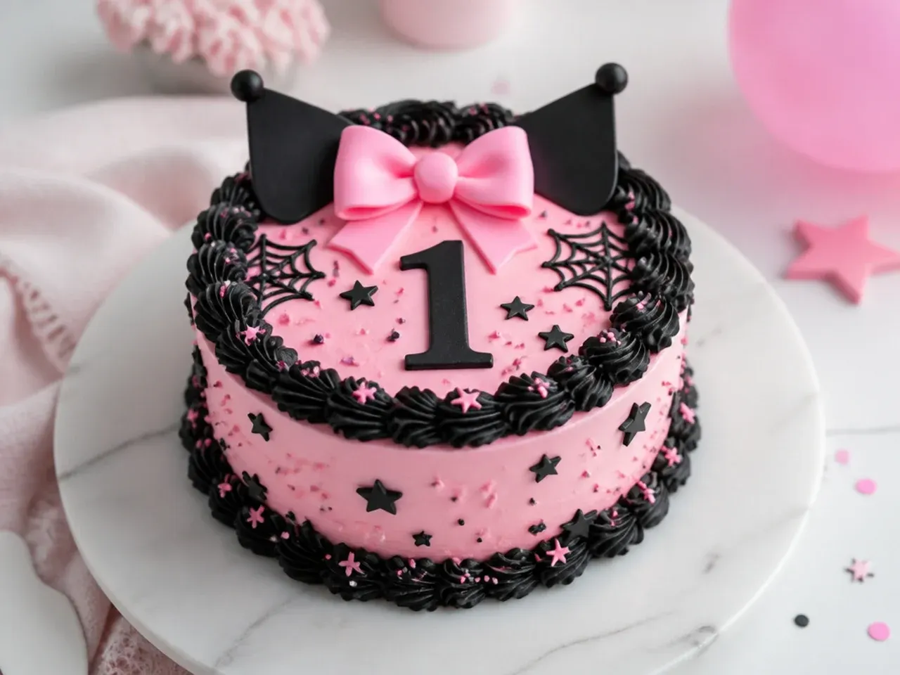 Classic pink and black Kuromi smash cake with buttercream border for a first birthday