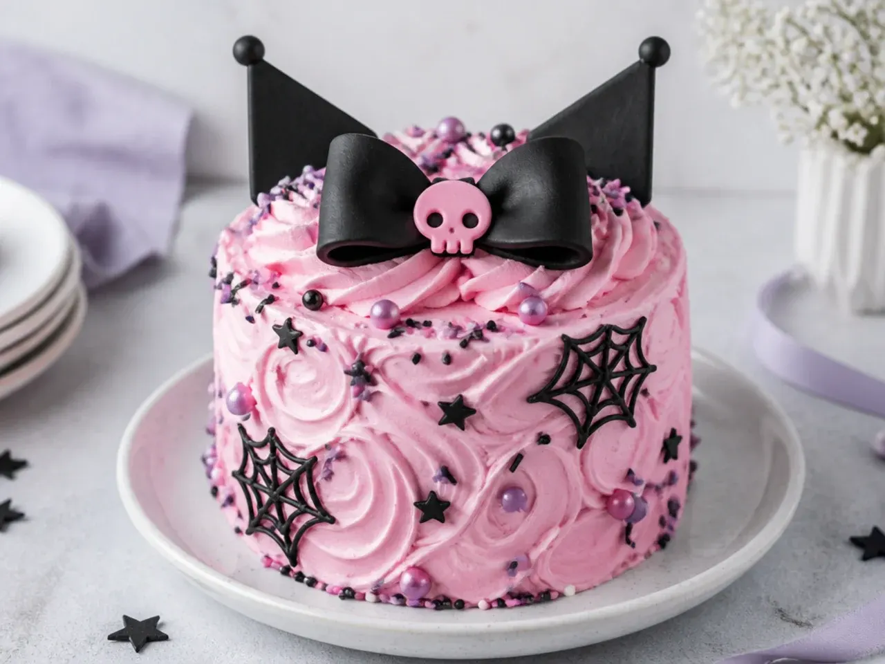 Easy beginner Kuromi smash cake covered in swirled pink buttercream and sprinkles