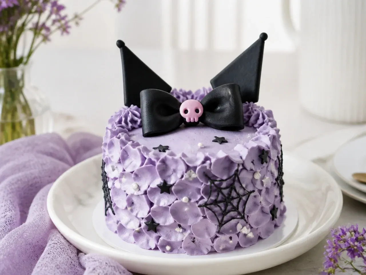 Elegant lavender ruffle Kuromi smash cake with buttercream petals and pearl accents