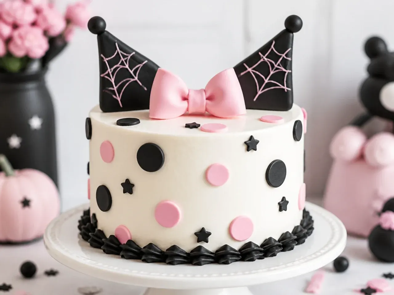 Playful polka-dot Kuromi smash cake with pink and black dots and a fondant bow