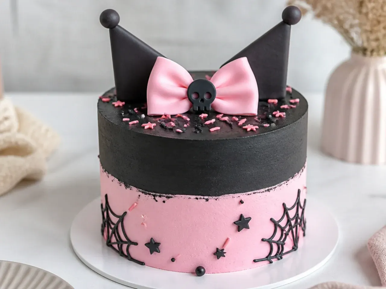 Modern two-tone black and pink Kuromi smash cake with a clean color-block finish