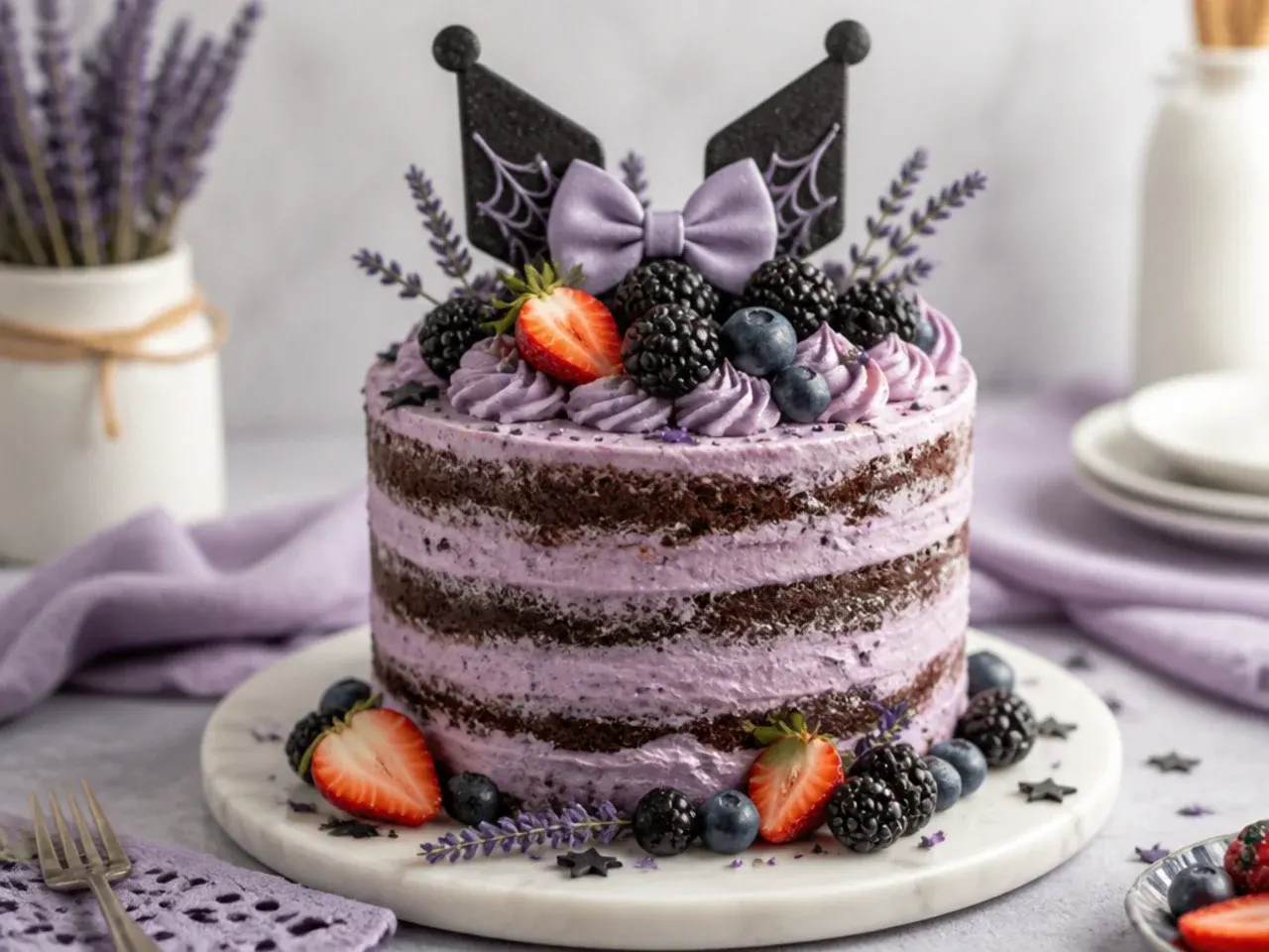 Rustic semi-naked Kuromi smash cake with visible layers, berries, and lavender
