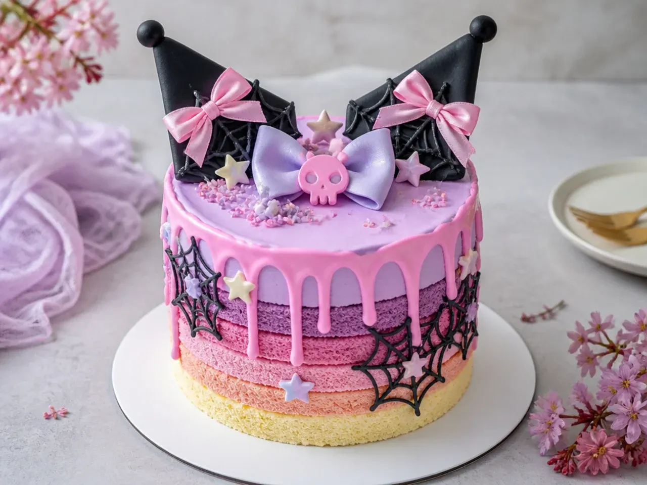 Colorful rainbow-layer Kuromi smash cake with pink and purple sponge and a drip top