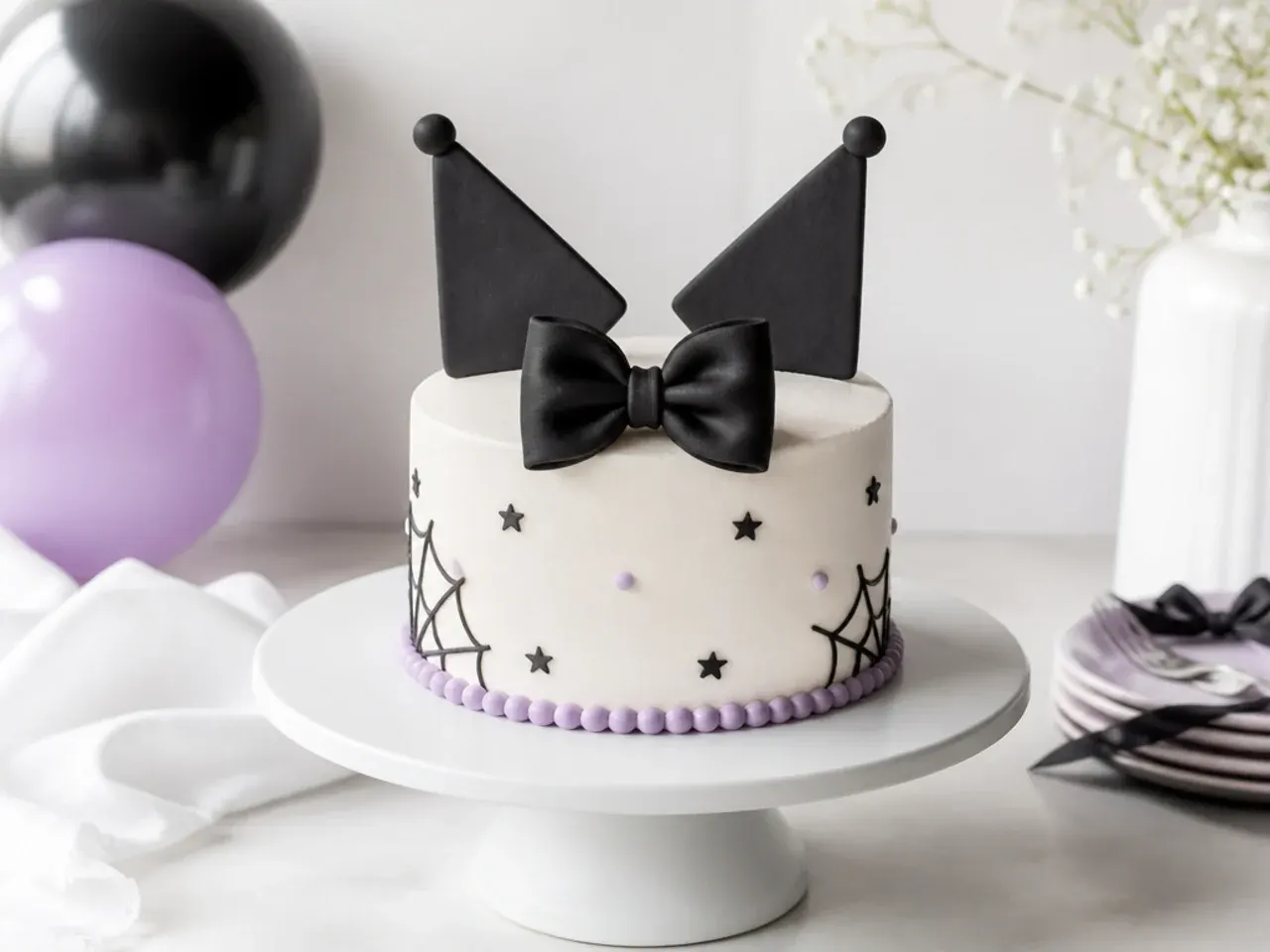 Minimal smooth white Kuromi smash cake with a single black fondant bow