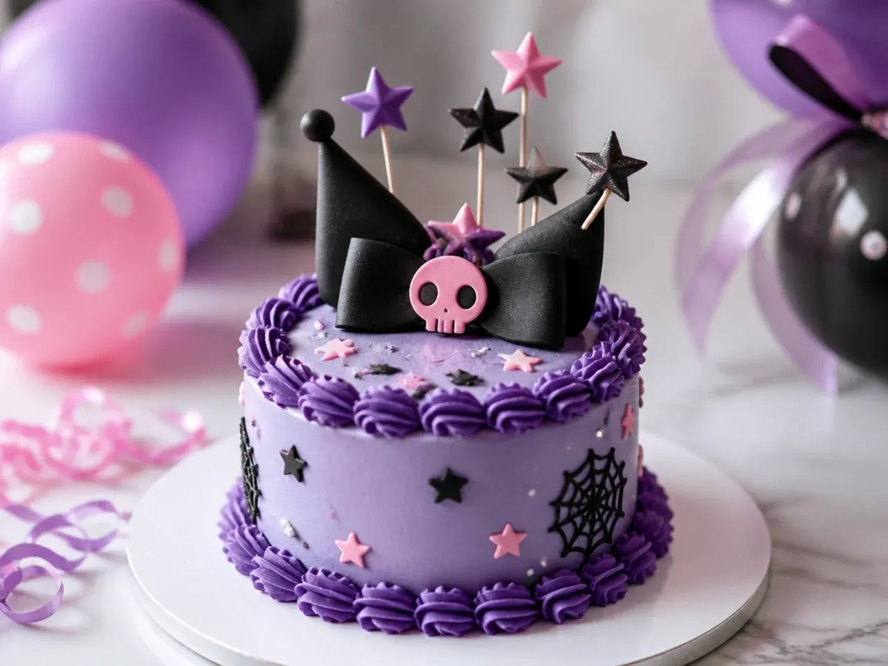 Festive Kuromi smash cake with star toppers, balloon accents, and a piped border