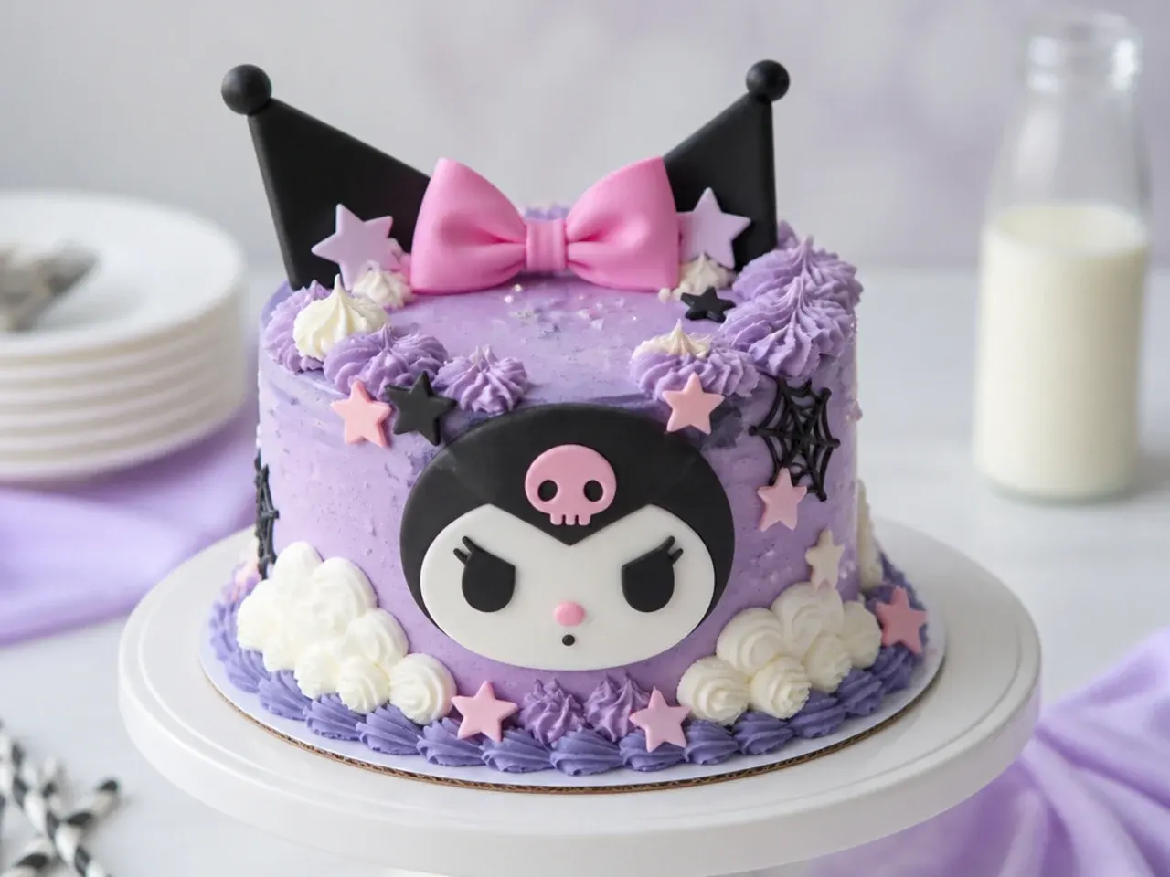 Whimsical Kuromi smash cake with piped buttercream clouds and pastel fondant stars