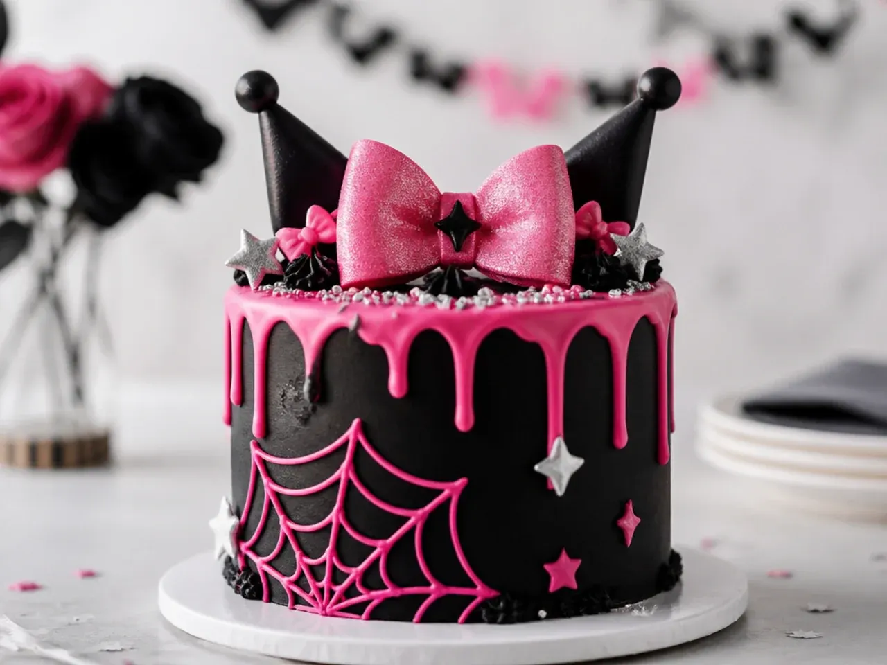 Bold black Kuromi smash cake with a hot-pink candy-melt drip and silver accents