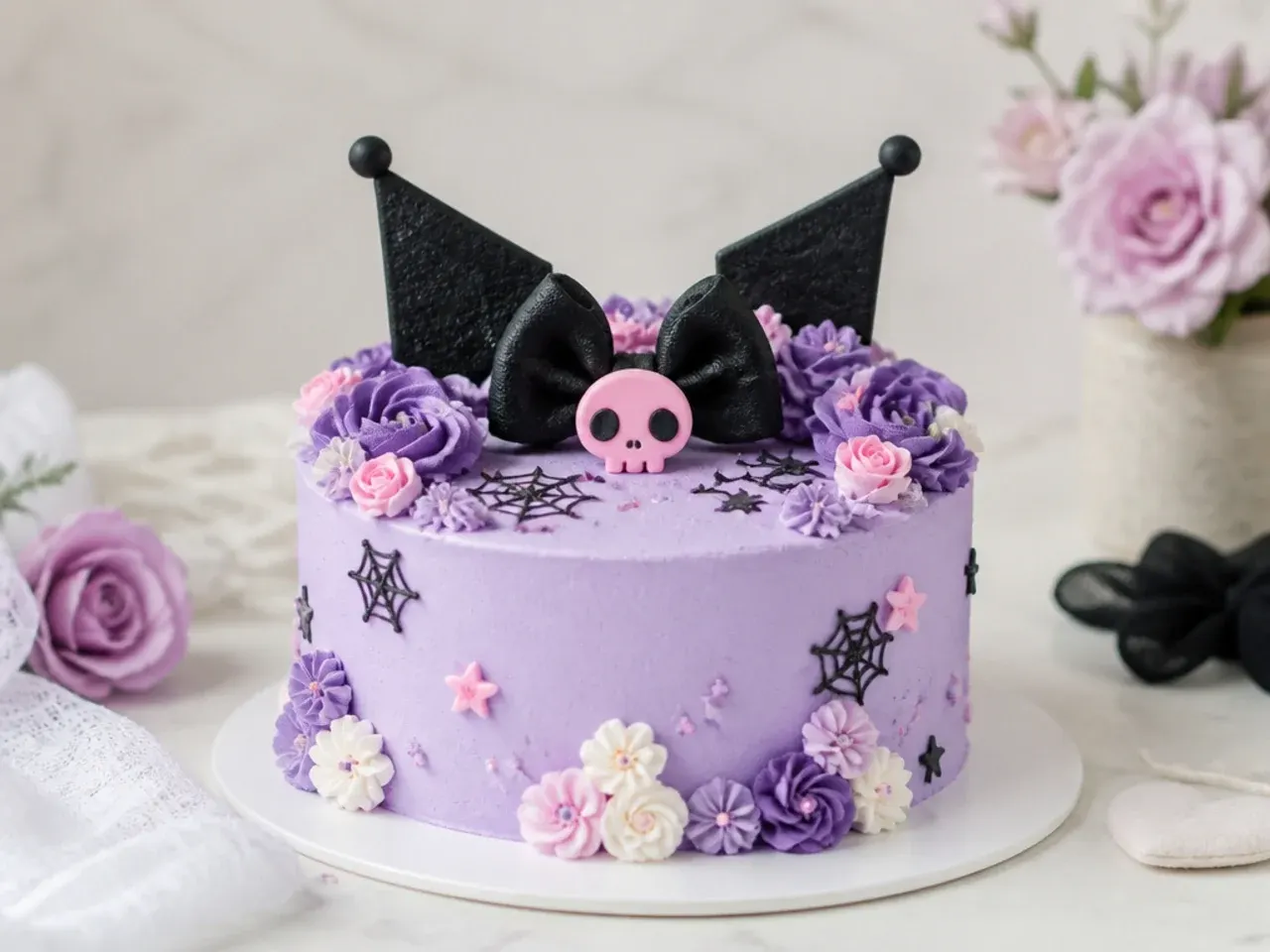 Delicate floral Kuromi smash cake with piped buttercream blossoms on lilac frosting