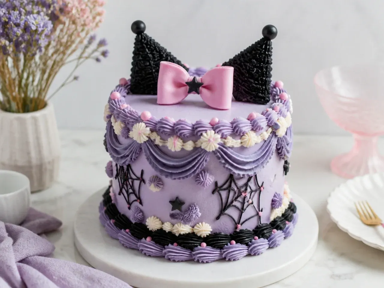 Vintage Lambeth-piped Kuromi smash cake with layered buttercream swags and beads