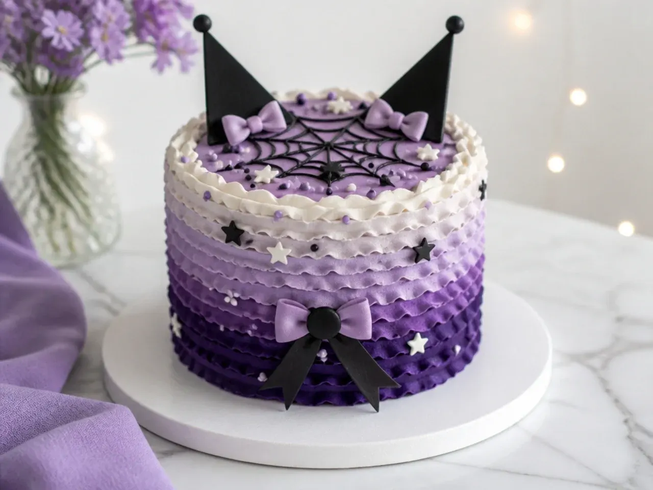 Creative purple ombre ruffle Kuromi smash cake with a graduated buttercream gradient