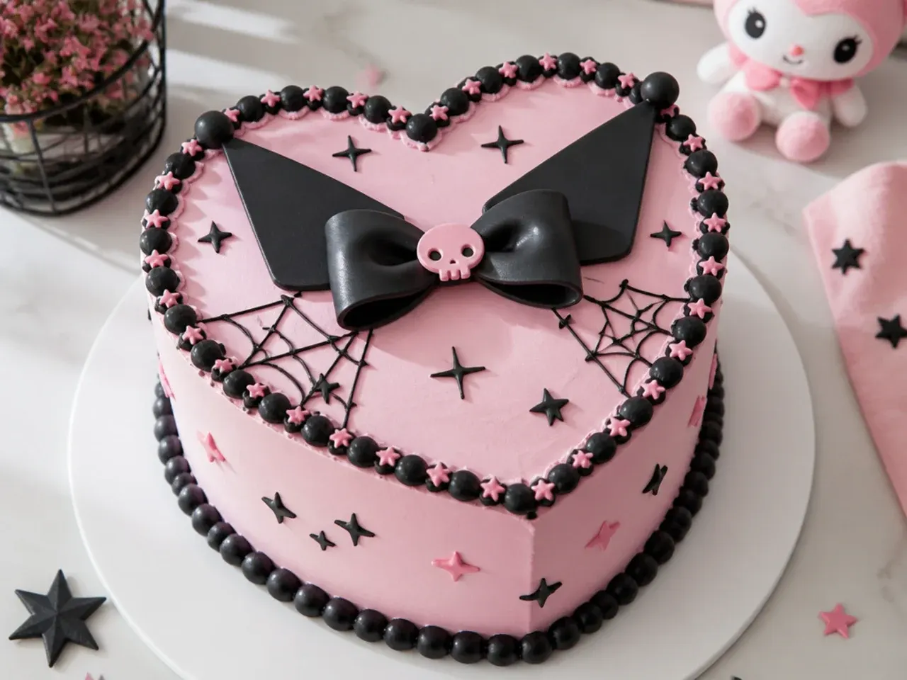 Charming heart-shaped Kuromi smash cake in pink buttercream with a black bead border