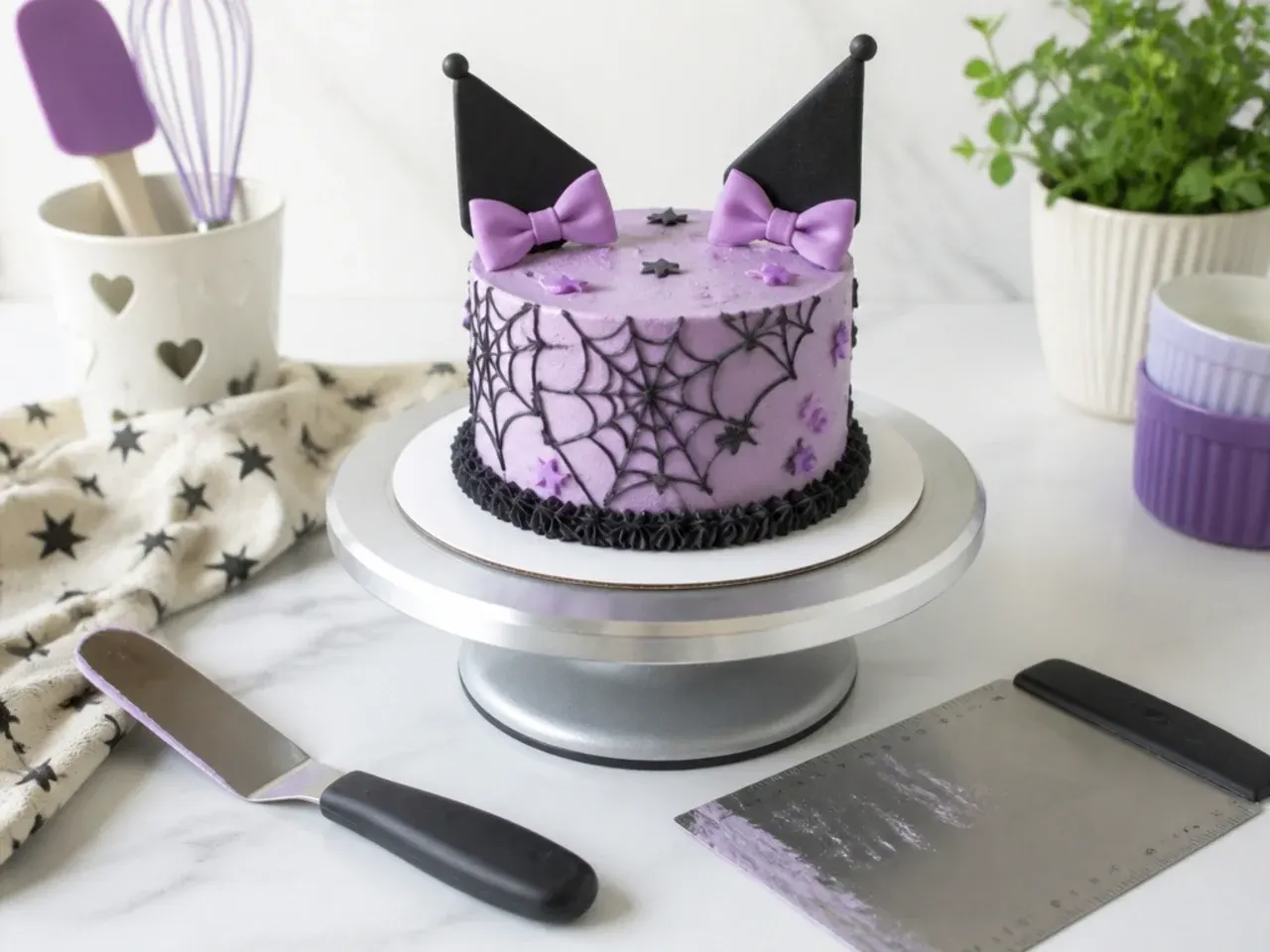 Kuromi smash cake decorating tools including offset spatula, bench scraper, and turntable