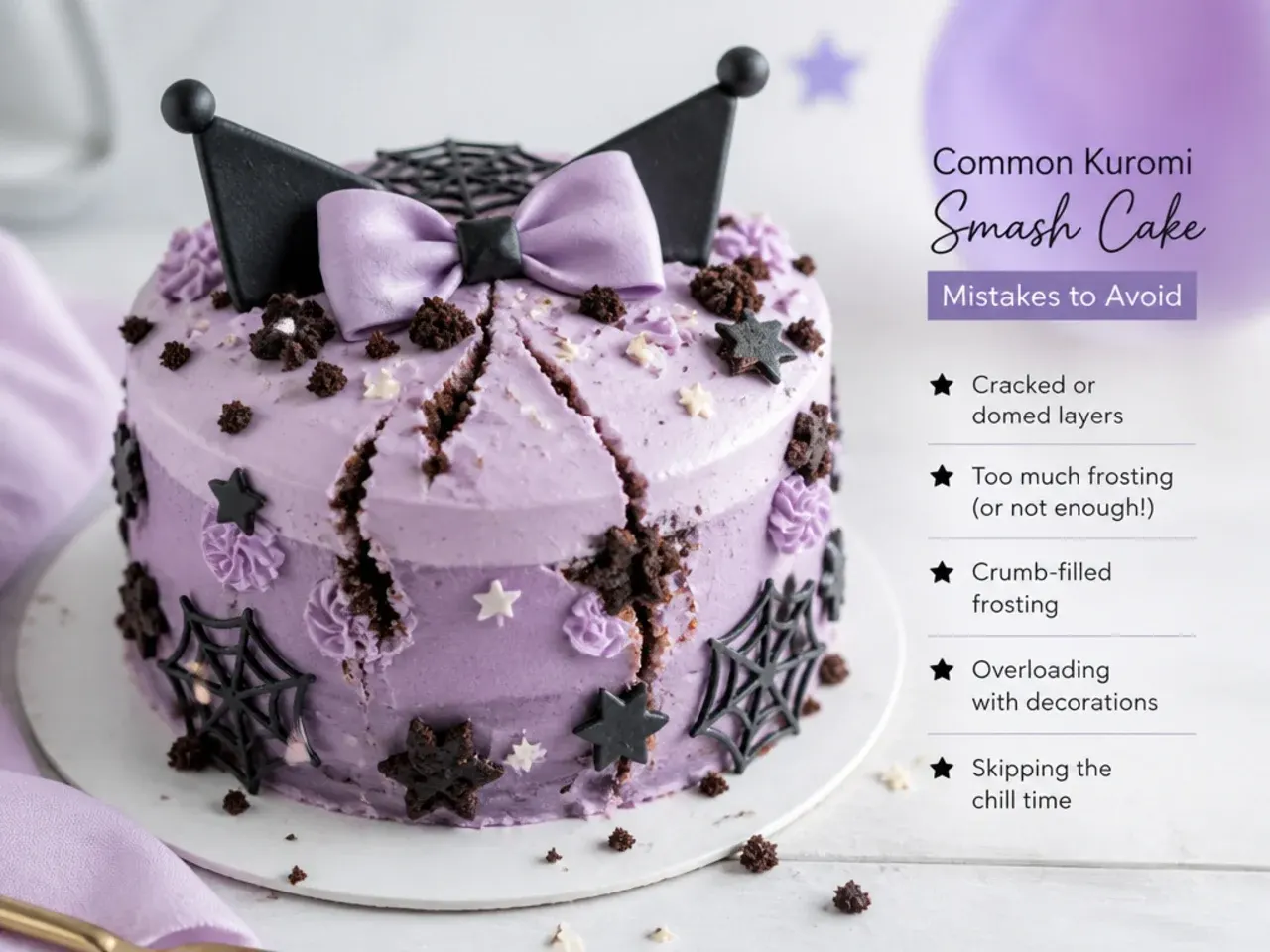 Common Kuromi smash cake mistakes to avoid including cracked domed layers and crumb-filled frosting