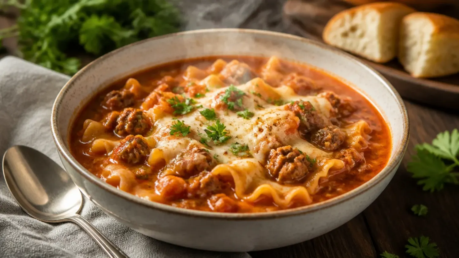 Overhead shot of a bowl of lasagna soup topped with a dollop of ricotta, melted mozzarella and fresh basil