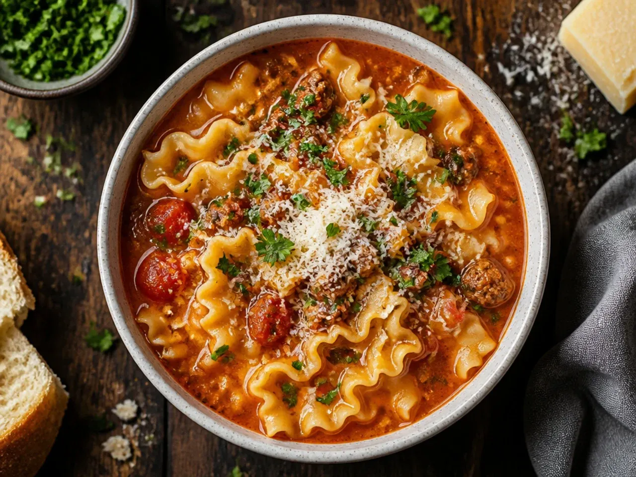 Broken lasagna noodles being stirred into simmering tomato broth