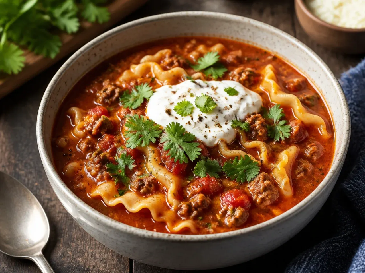 A spoonful of creamy ricotta mixture being dolloped onto a bowl of lasagna soup