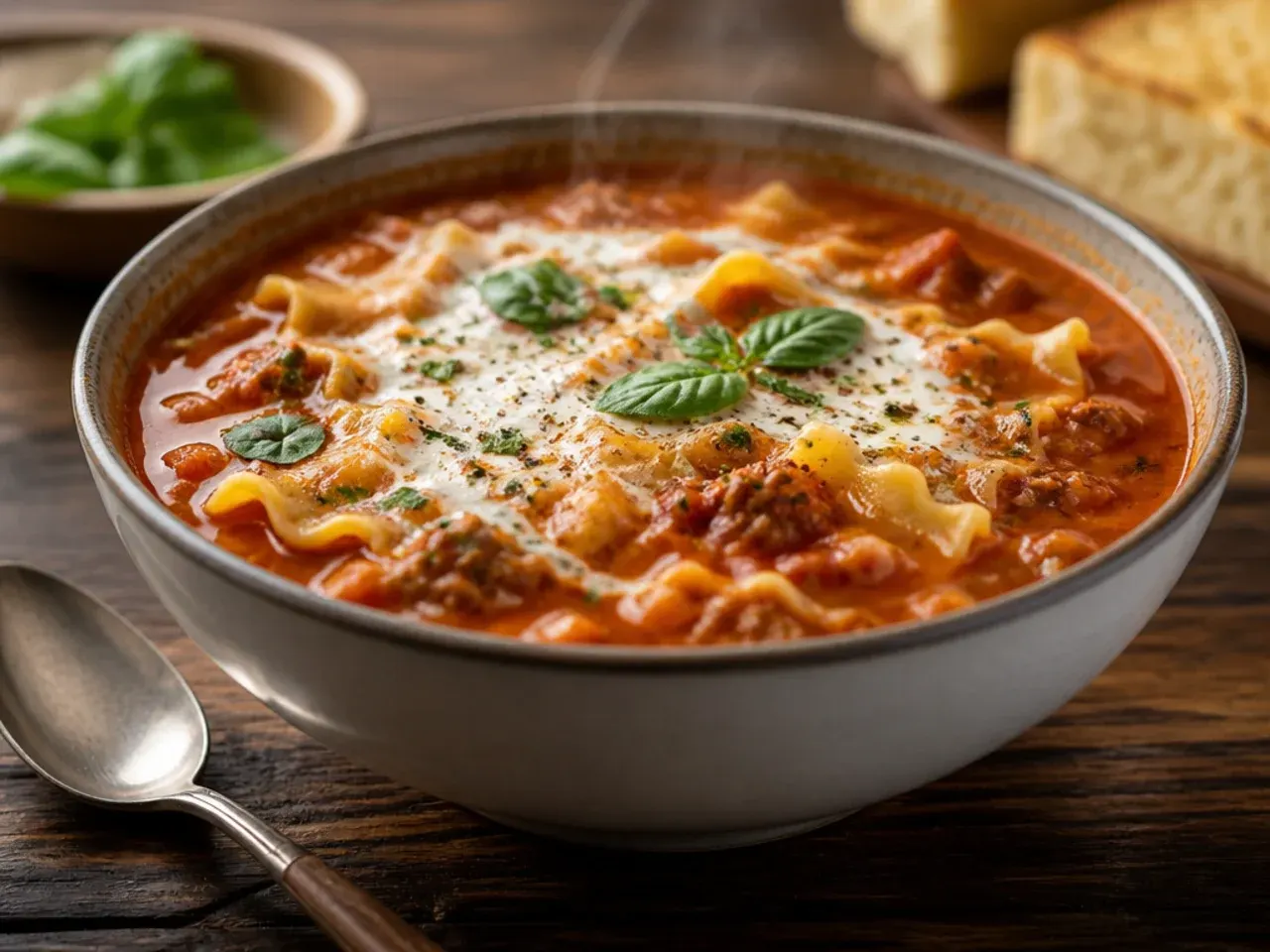 Tasting spoon dipped into simmering lasagna soup broth