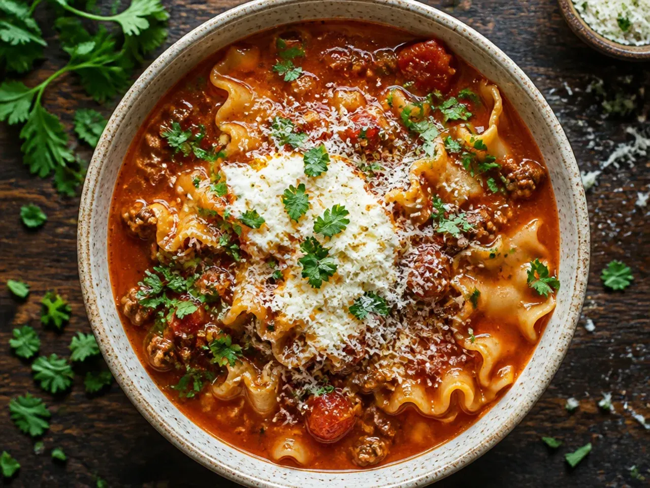 Container of frozen lasagna soup base without noodles
