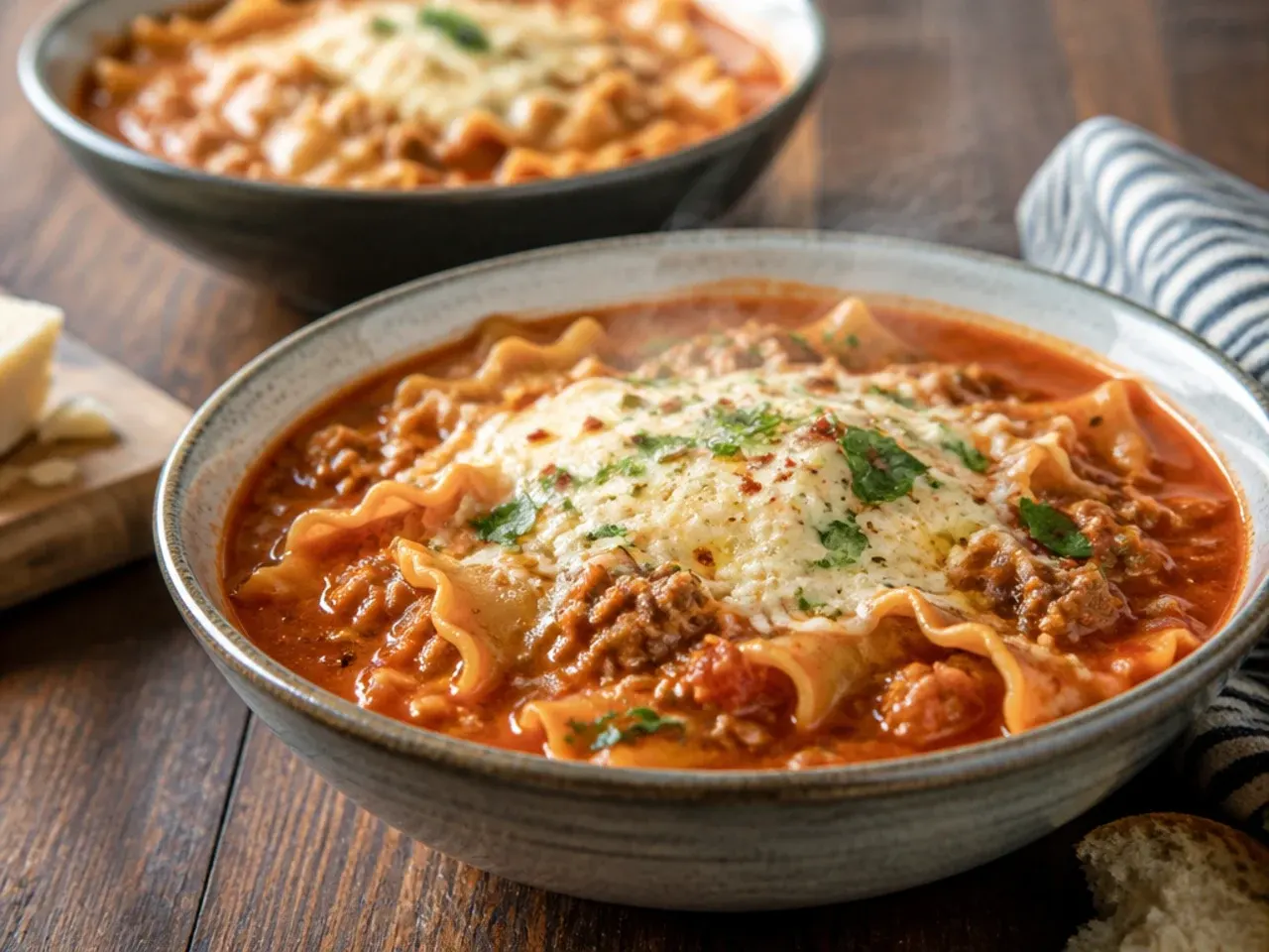 Stock being poured into a pot of reheated lasagna soup