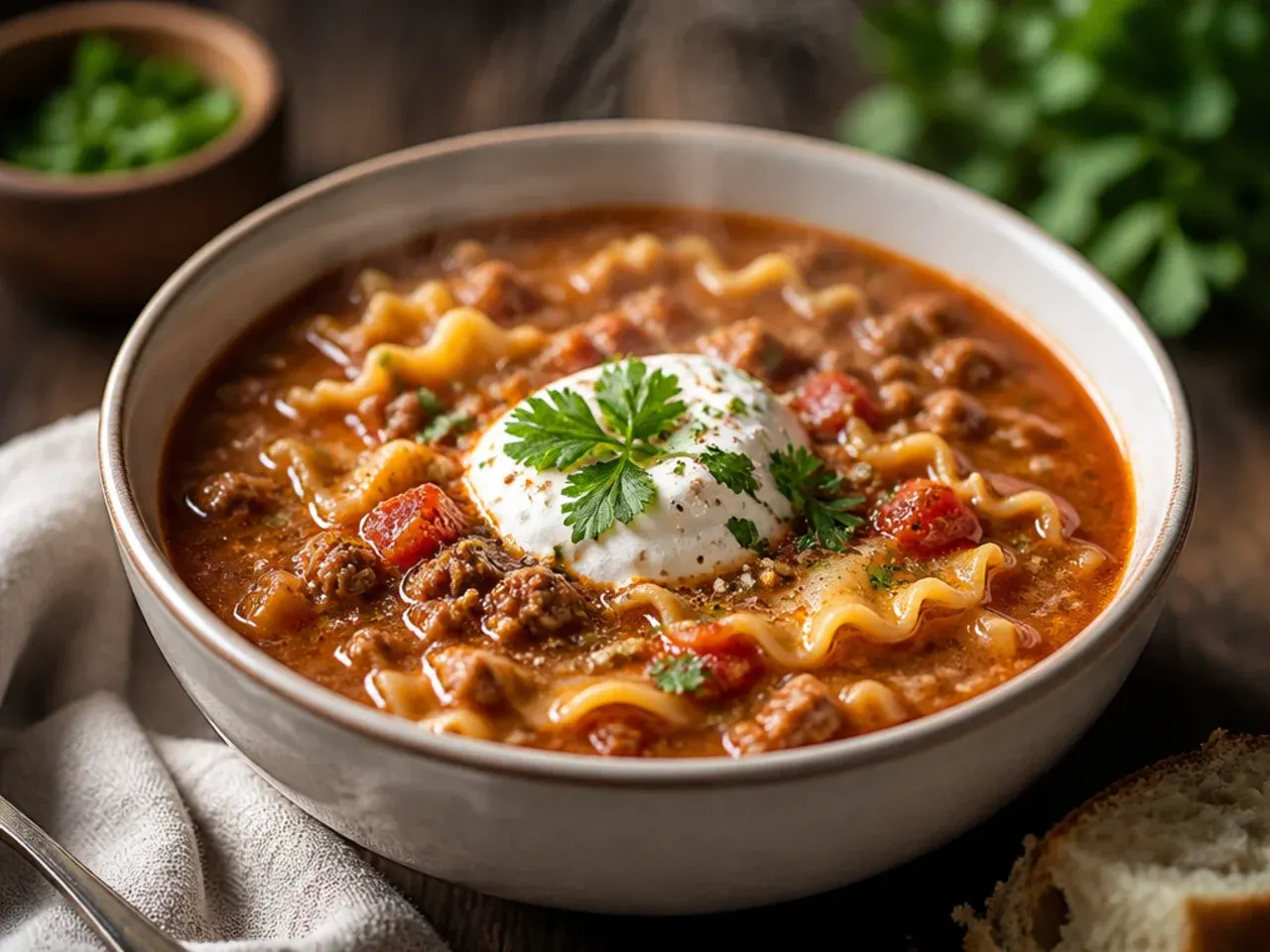 Stovetop pot of lasagna soup with noodles at a gentle simmer