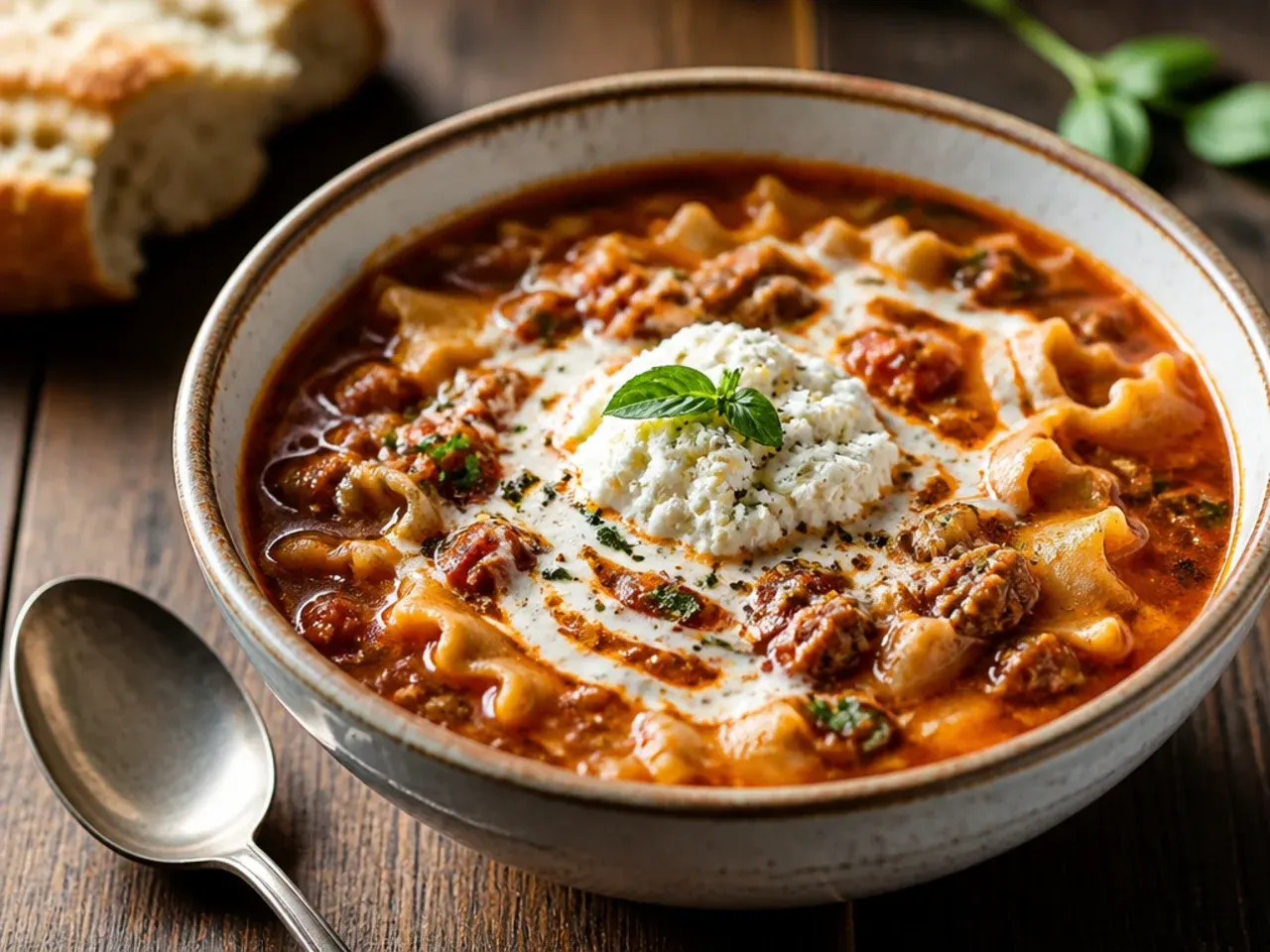 Large pot of lasagna soup portioned into bowls for a group