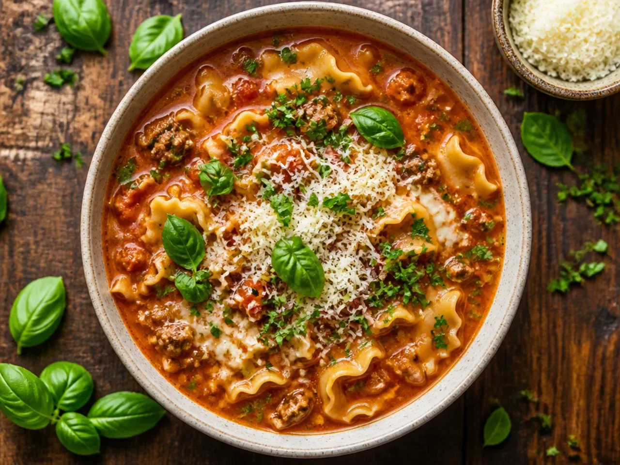 Fresh basil leaves being torn over a finished bowl of lasagna soup