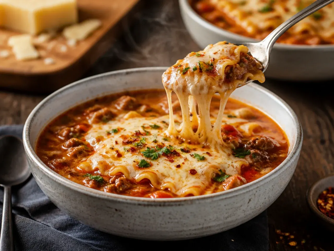 Melted mozzarella cheese pulling on a spoon over lasagna soup