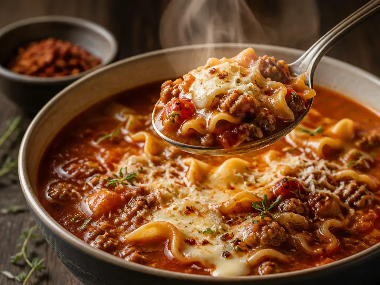 Red pepper flakes being sprinkled sparingly into lasagna soup