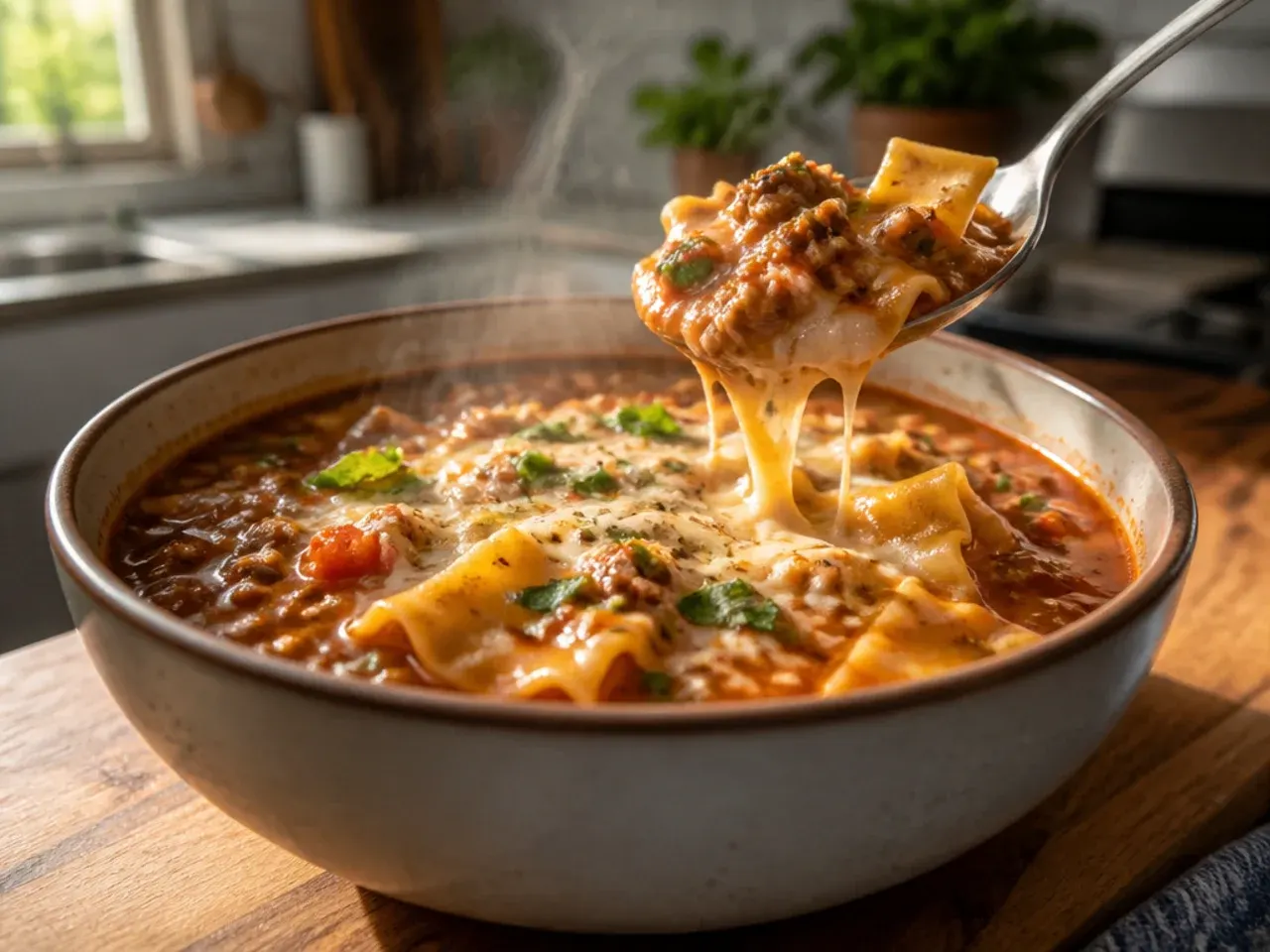 Finished bowl of lasagna soup with melted cheese, ready to serve