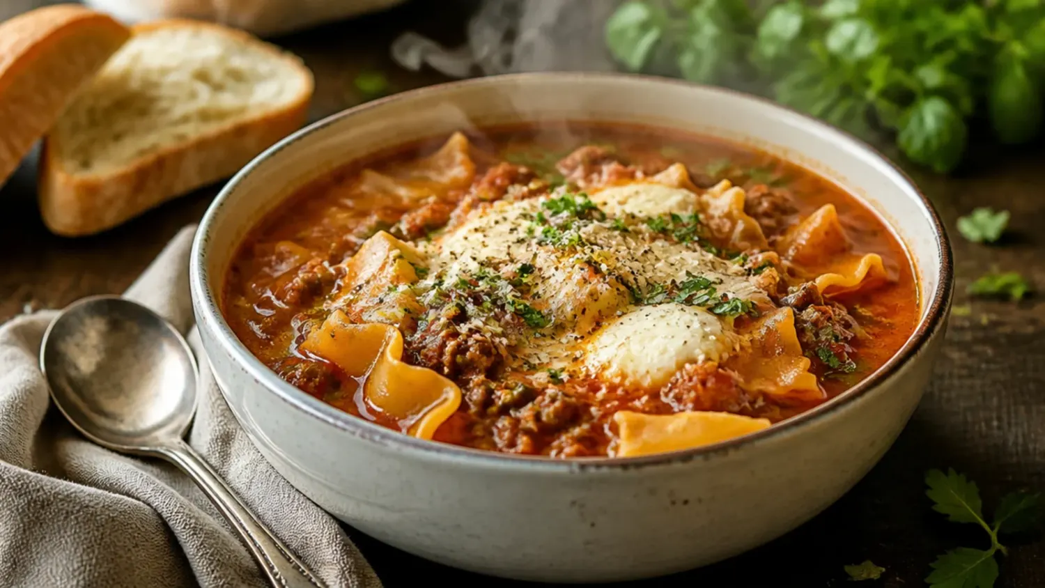 Overhead shot of a bowl of lasagna soup topped with melted mozzarella, a dollop of ricotta, and fresh basil, with broken lasagna noodles visible in the tomato broth.