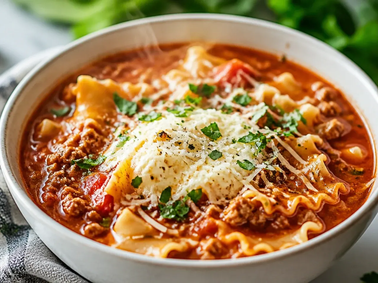 Steaming pot of lasagna soup with ground beef, tomato broth, and broken noodles simmering on the stove.