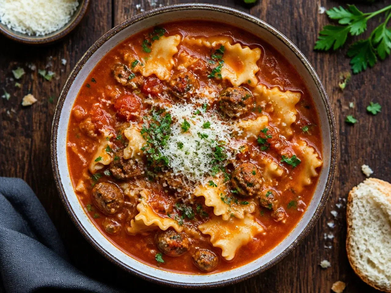 Bowl of classic lasagna soup with ground beef, sausage, and broken lasagna noodles in tomato broth.