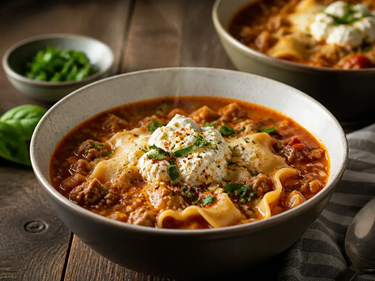 Quick weeknight lasagna soup in a pot, ready to serve after a 30-minute simmer.