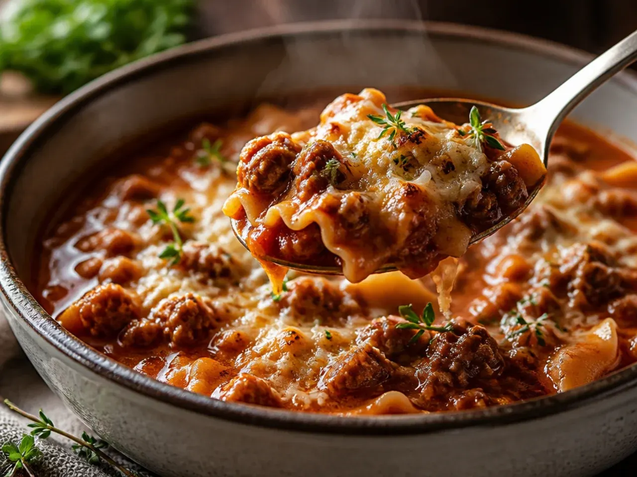 Thick, hearty lasagna soup loaded with beef, sausage, and mushrooms under a bubbling layer of melted mozzarella.