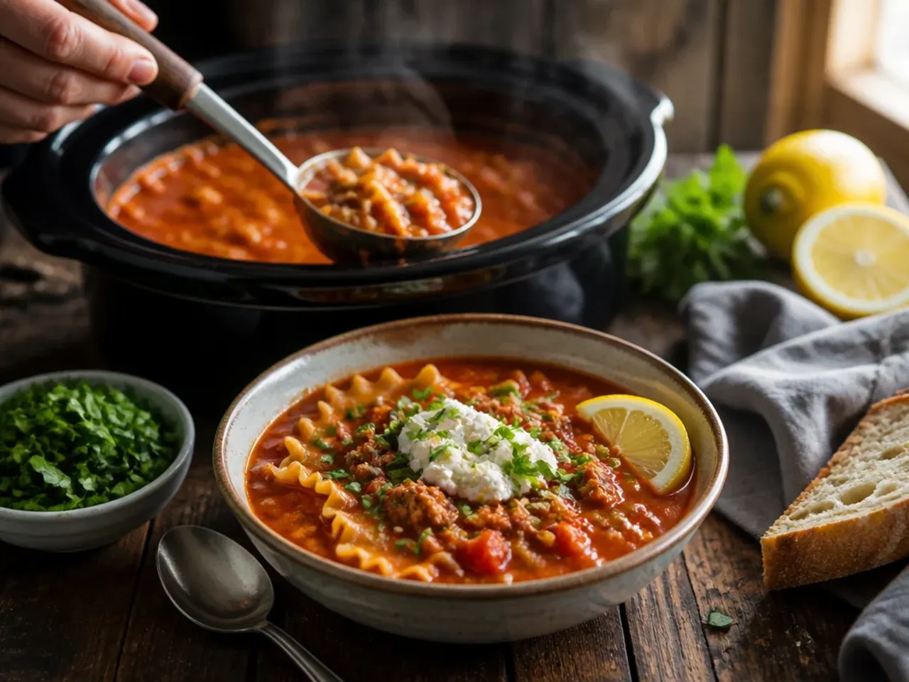 Slow cooker filled with lasagna soup, lid propped open to show the rich tomato broth.