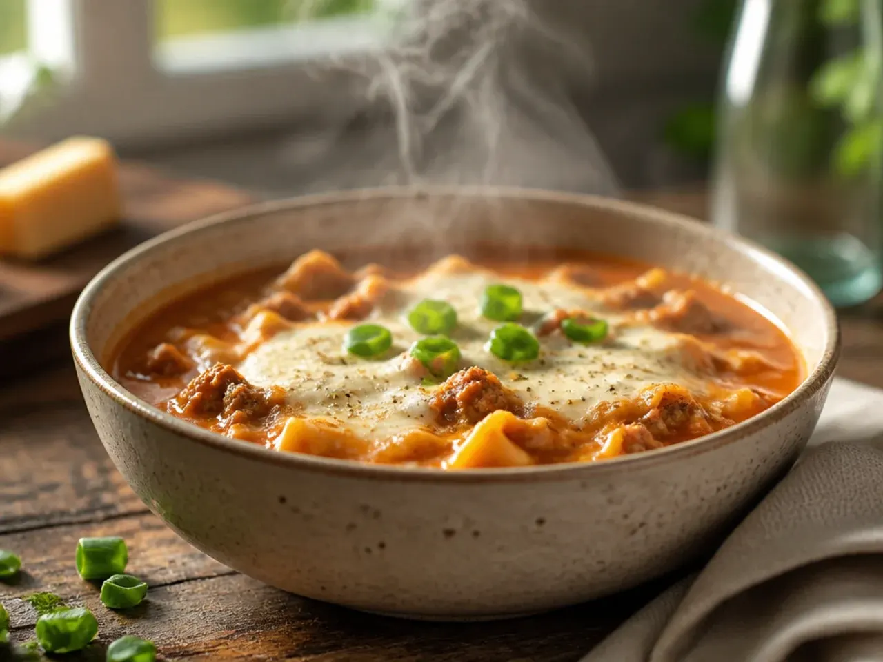 Creamy pink lasagna soup with ricotta swirled through the tomato broth.