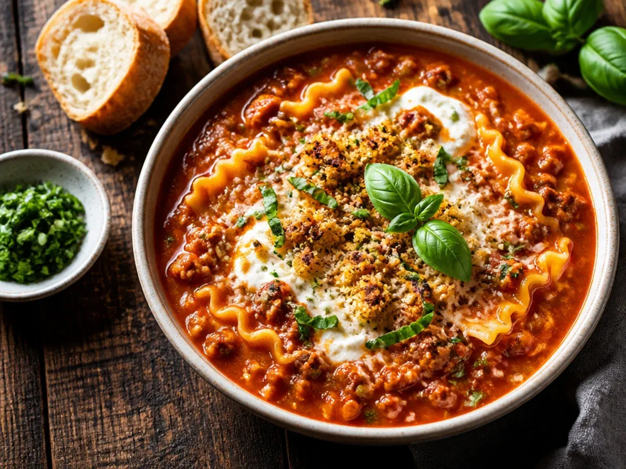 Simple five-ingredient lasagna soup in a white bowl with melted mozzarella on top.