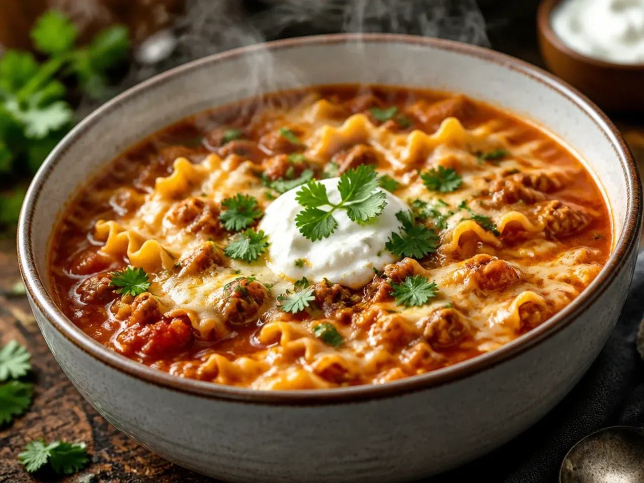 Extra-cheesy lasagna soup with stretchy melted mozzarella being lifted on a spoon.