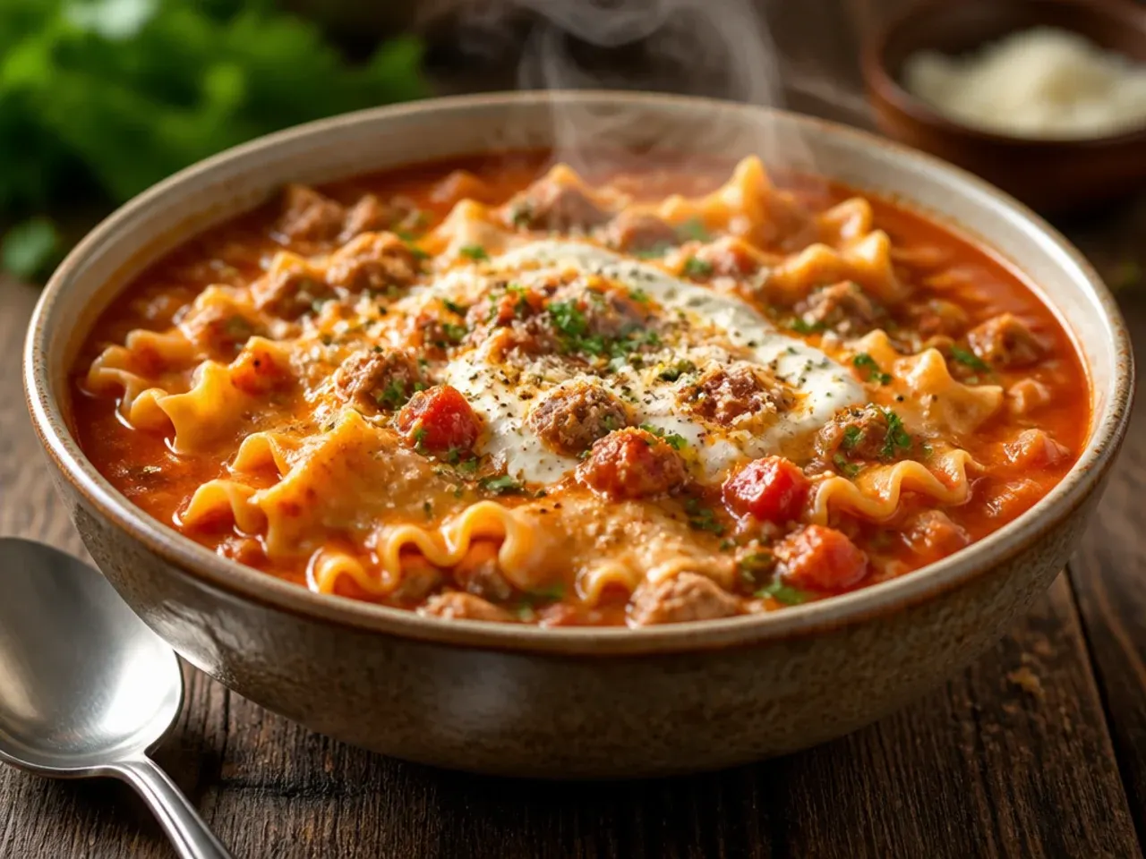 Bowl of turkey lasagna soup garnished with basil and grated parmesan.