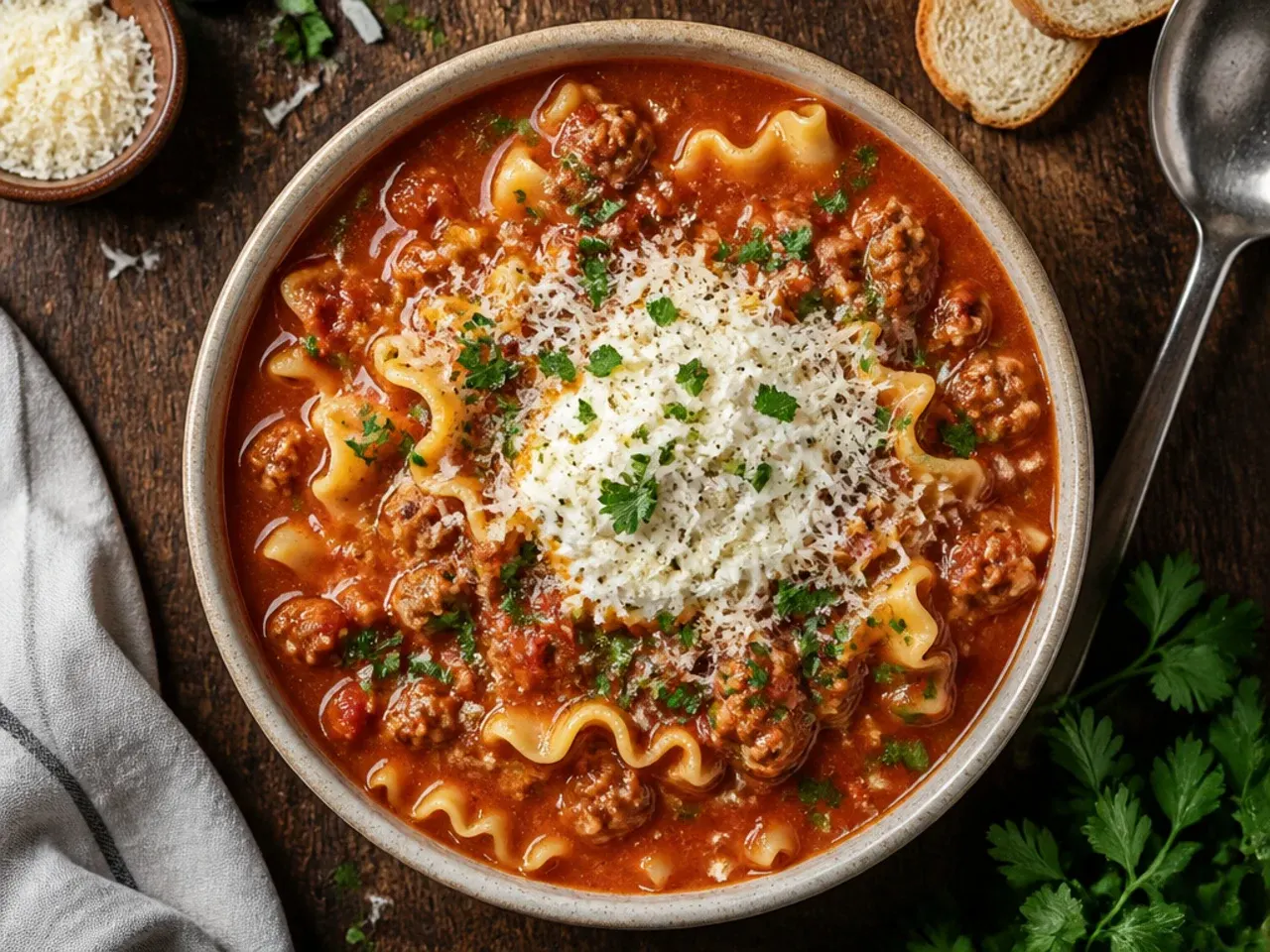 Simple, budget-friendly lasagna soup with basic pantry ingredients on the counter beside the pot.