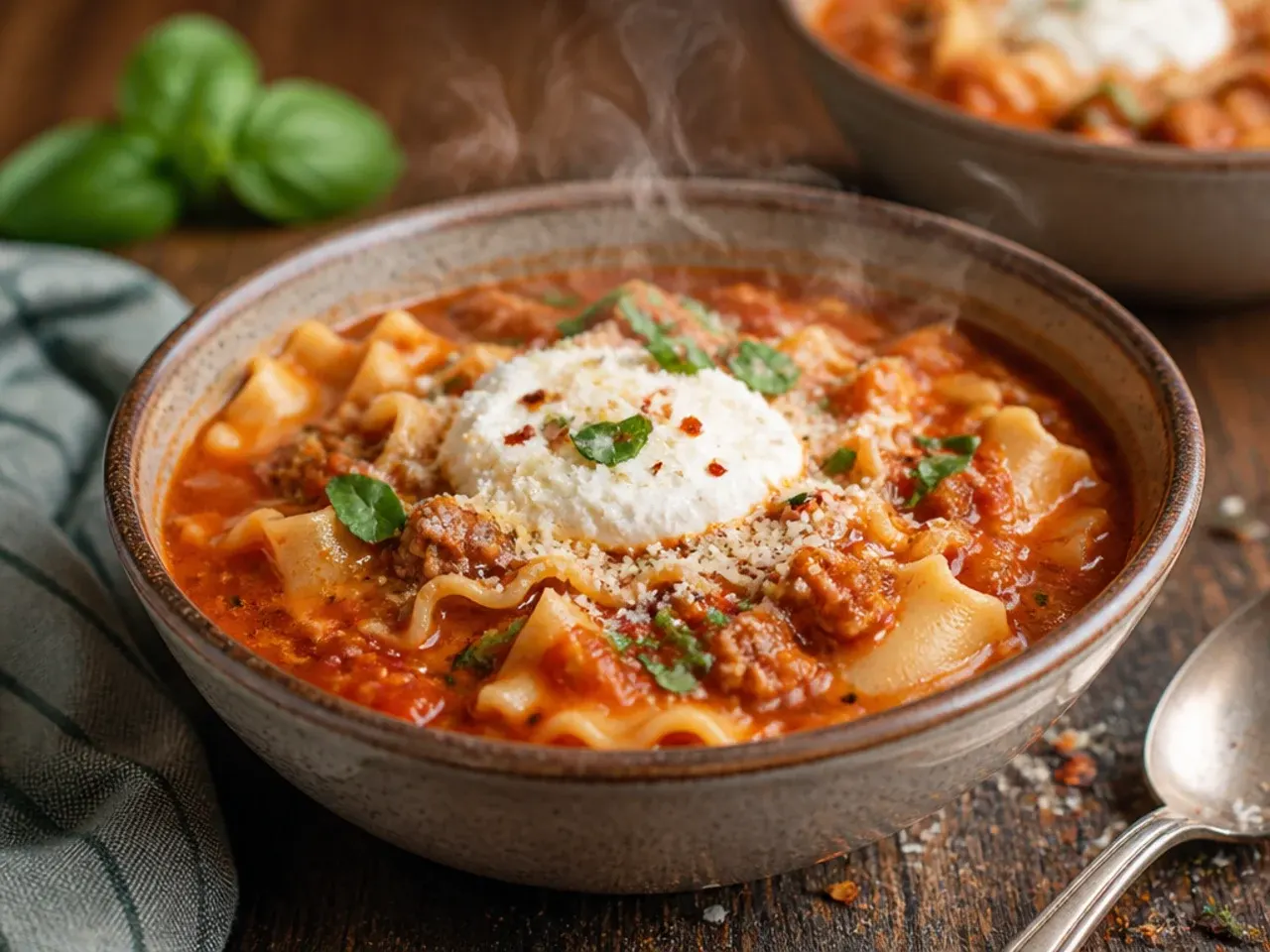 Instant Pot open to reveal finished lasagna soup with noodles and melted cheese on top.