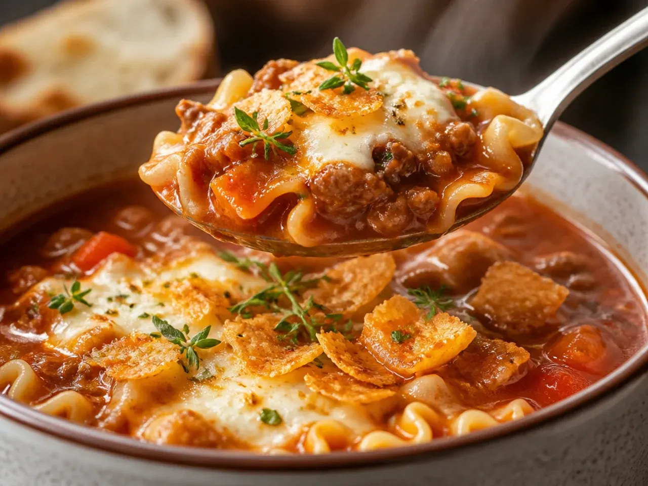 Rustic lasagna soup with visible carrots, celery, and wilted spinach in the tomato broth.