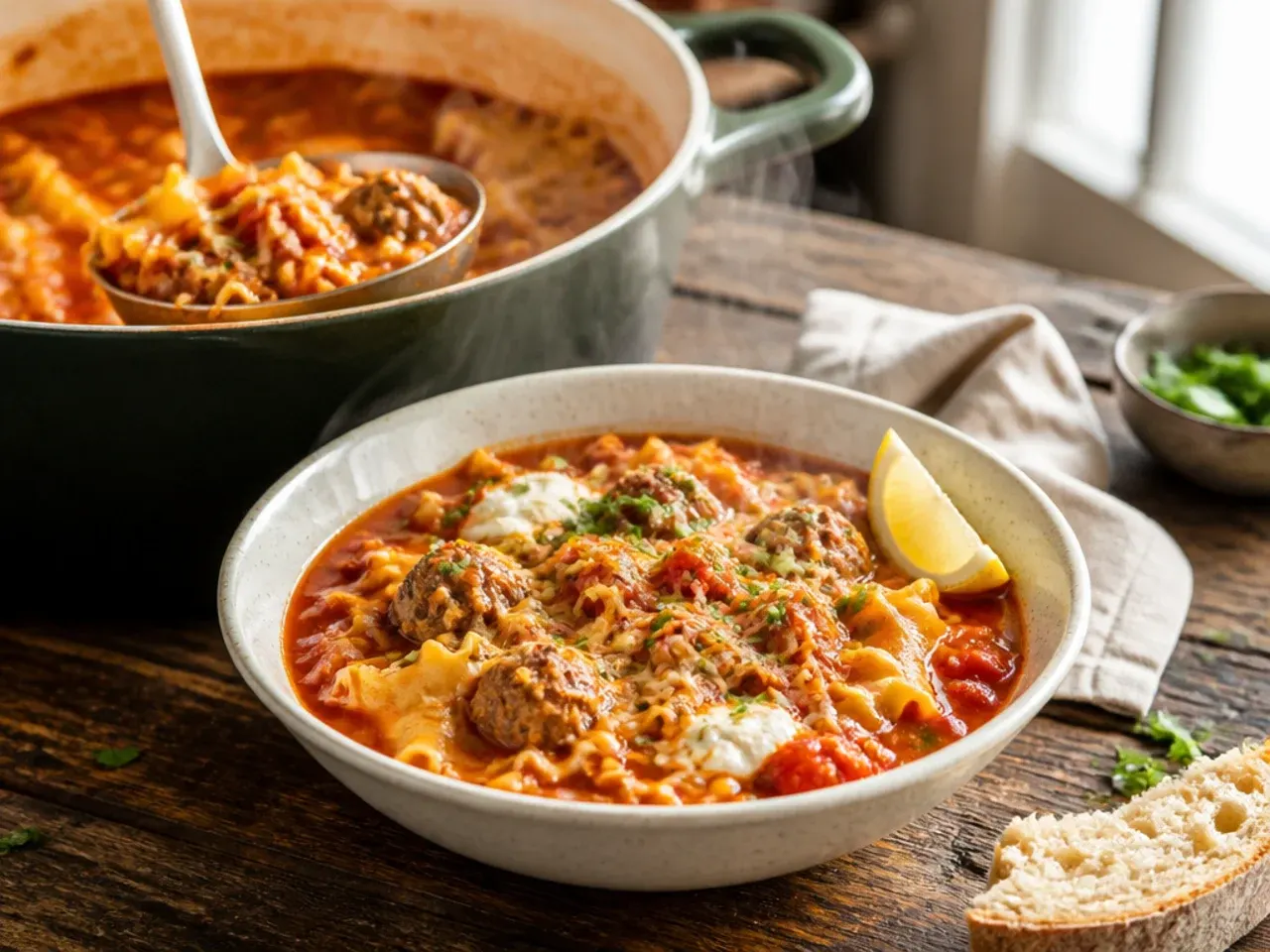 Lasagna soup loaded with meatballs, broken noodles, and melted cheese in a deep bowl.
