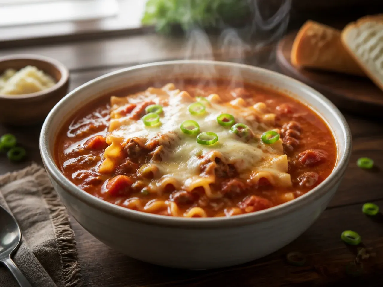 Large stockpot of family-size lasagna soup with a ladle resting inside, ready to serve a crowd.