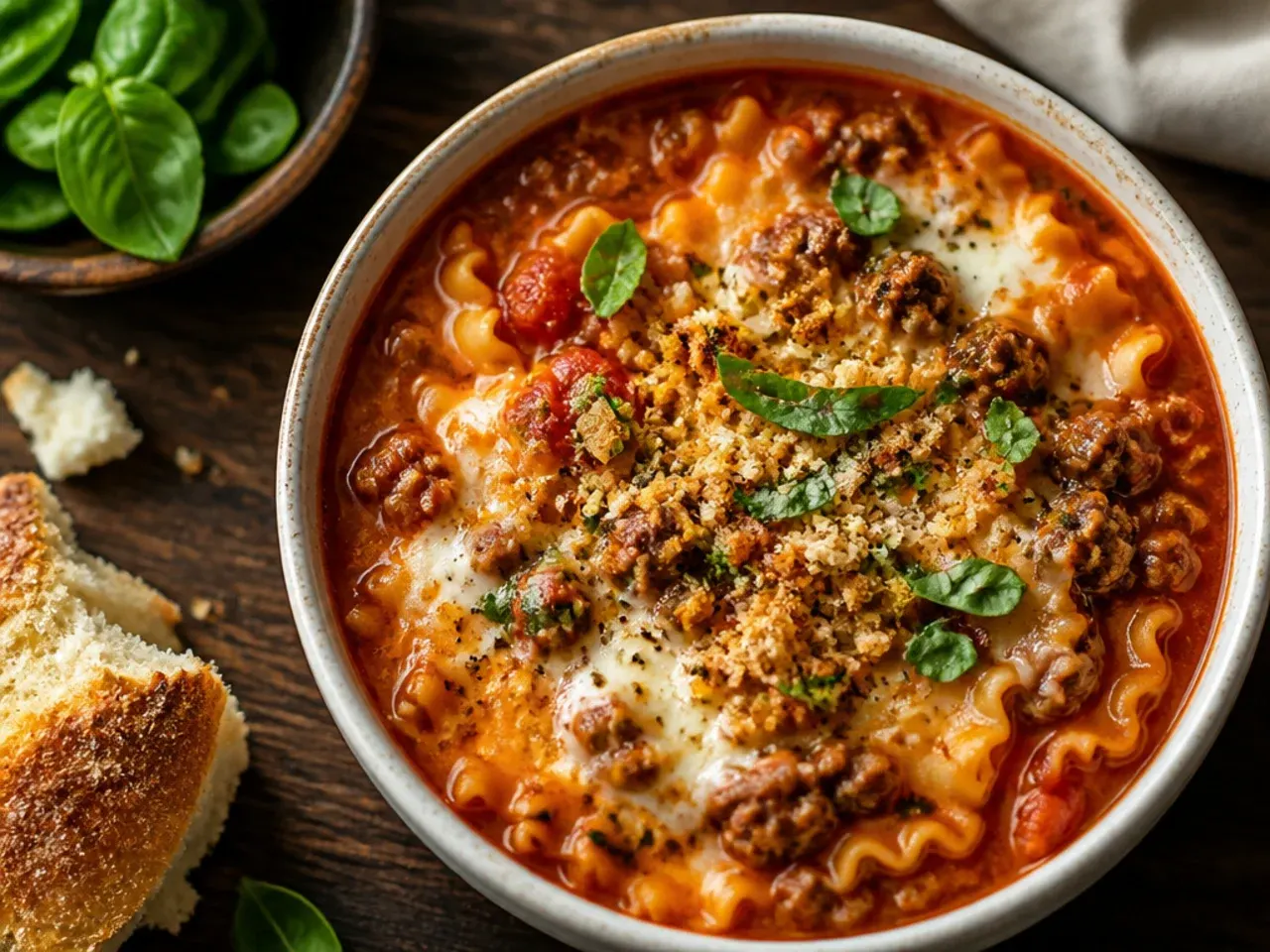 Spicy lasagna soup topped with a swirl of chilli oil and a scattering of red pepper flakes.