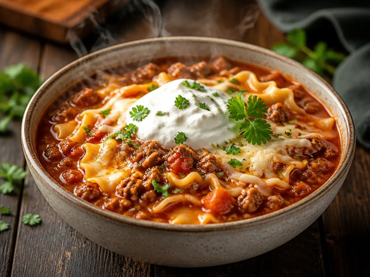 Single Dutch oven filled with finished one-pot lasagna soup, straight off the stove.