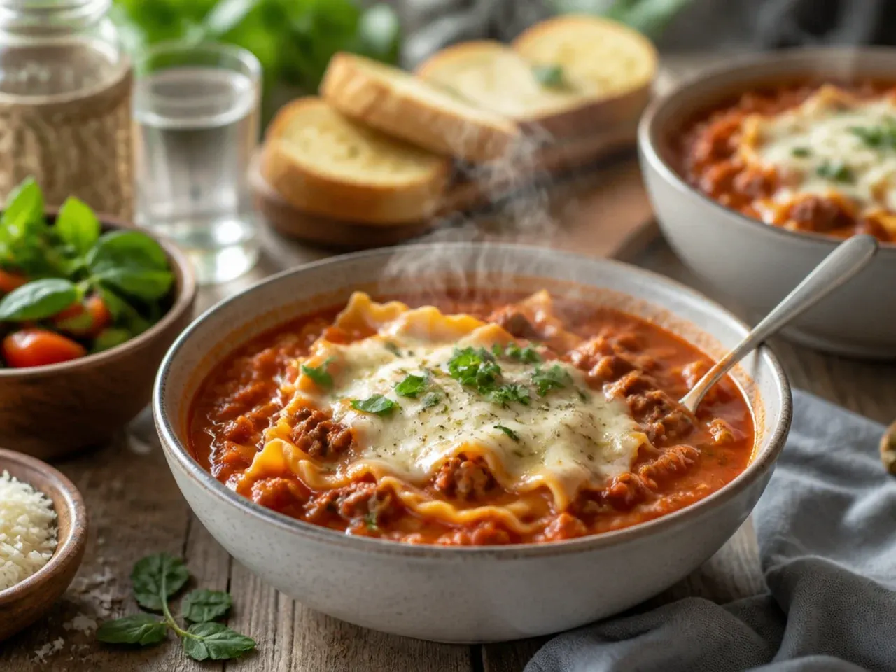 Bowl of lasagna soup served with a side of garlic bread and a green salad.