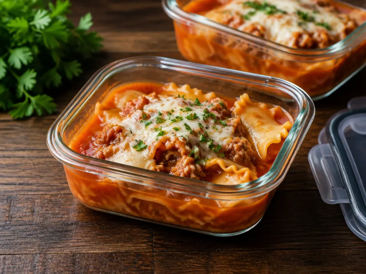 Glass container of leftover lasagna soup being reheated in a saucepan on the stove.